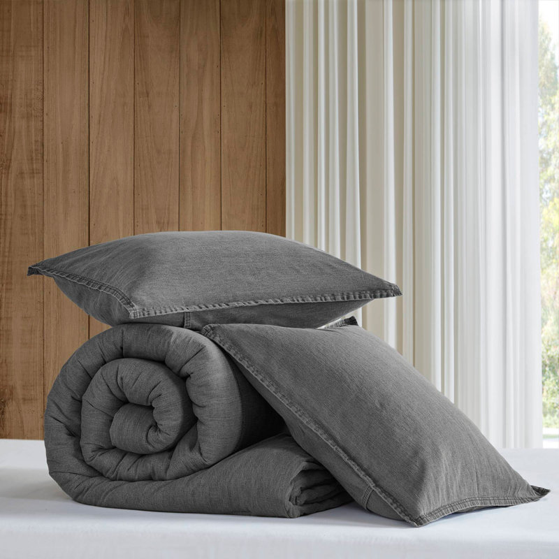 Ensemble d'édredon en sergé délavé, Gris, Édredon simple et 1 taie d'oreiller