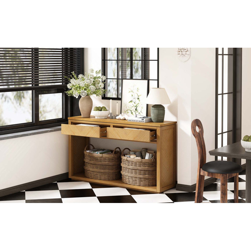 Console d'entrée en bois rustique avec tiroirs de rangement et tablette ouverte pour le couloir et le salon