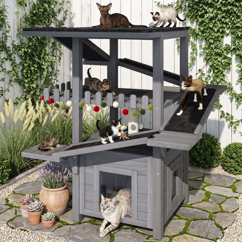 Maison d'extérieur pour chat avec abri couvert, rampes d'escalade et espaces interactifs, Gris
