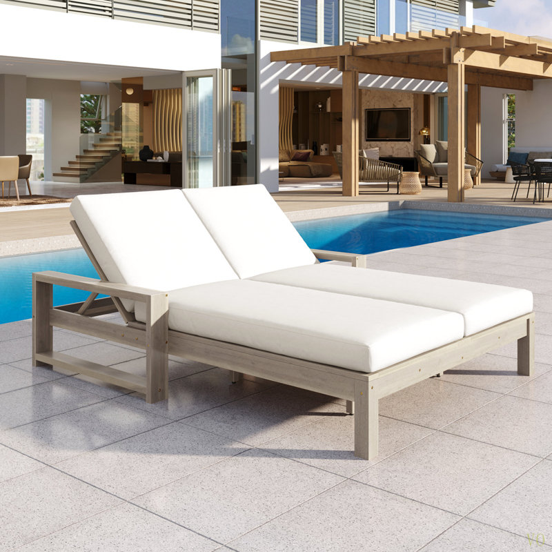 Outdoor Double Lounge Chair With 5-Position Adjustable Backrest For Each Seat, Wood Patio Chaise Lounge With Removable Cushions For Patio, Poolside, Garden (Cushion)