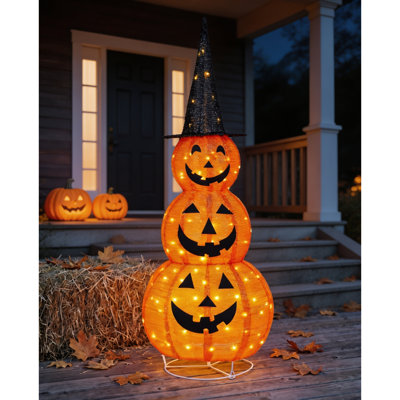 Collapsible Pop-Up Jack O' Lantern Halloween Decor, 5 FT Lighted Pumpkin with Witch Hat & 100 Warm White LEDs, Indoor Outdoor Decoration for Garden, Patio, Porch, Lawn & Party
