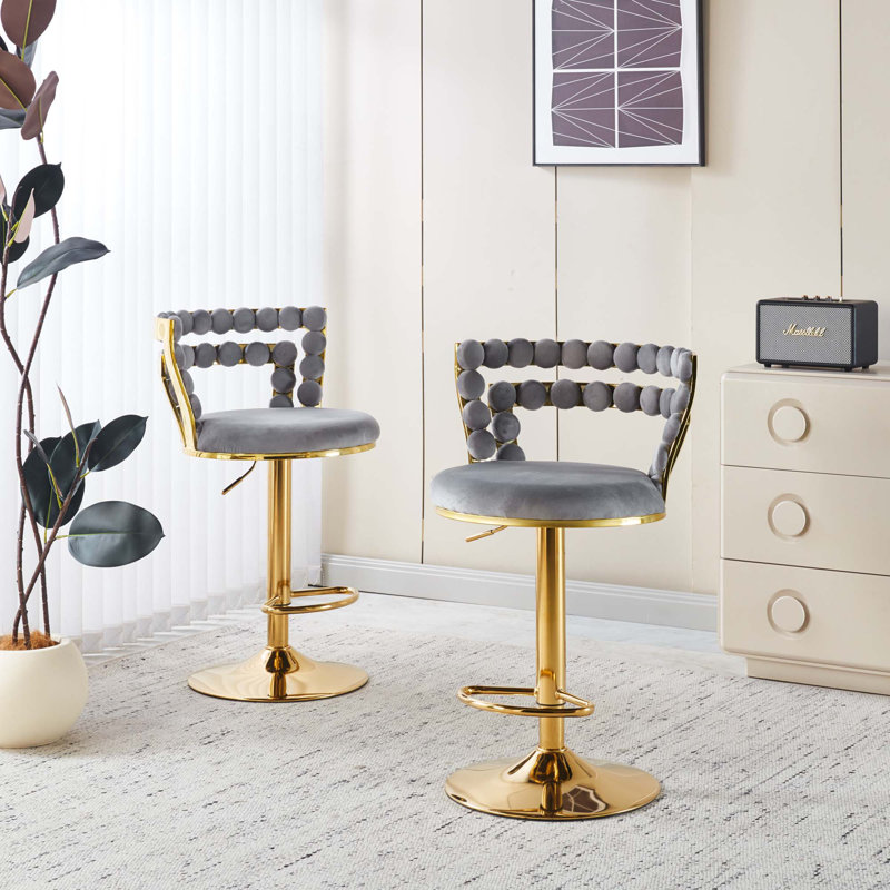 Modern Upholstered Bar Chair With Golden Iron Legs For Dining Room, Living Room, Cafe(Set Of 2 ), Gray