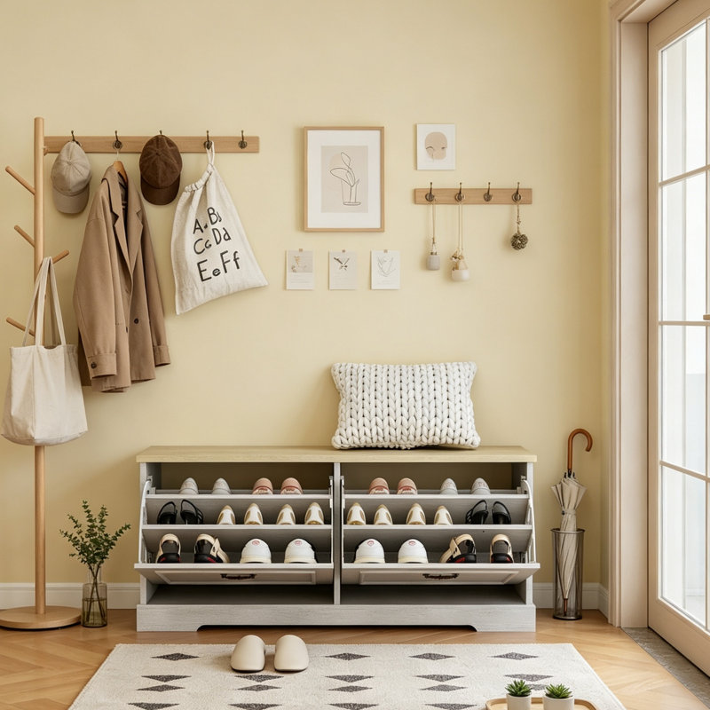 Shoe Storage Bench with 2 Flip Drawers