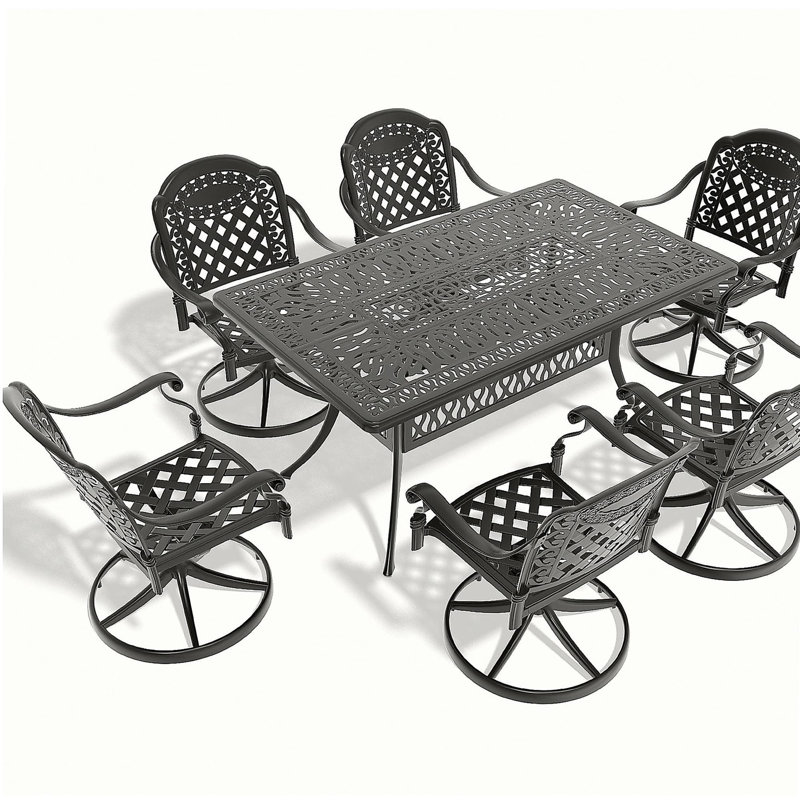7-Piece All-Weather Cast Aluminum Dining Set, Include 6 Swivel Chairs and Rectangular Table With Black Frame (same sku:W1710S00454)