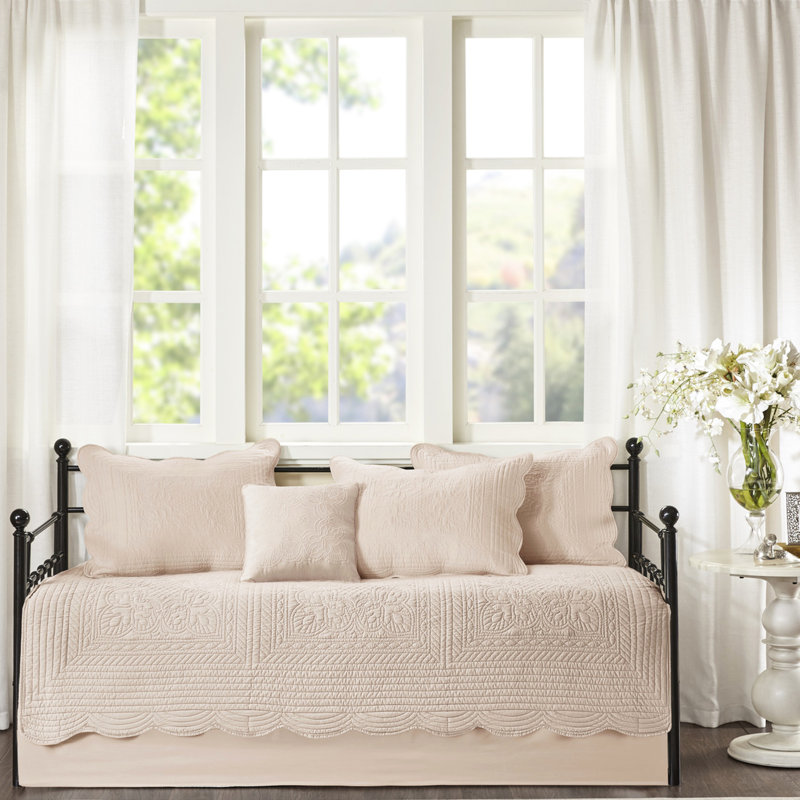 Housse de lit de jour Blush 6 pièces - Bord réversible festonné, matelas simple, courtepointe captivante, taille, tendance