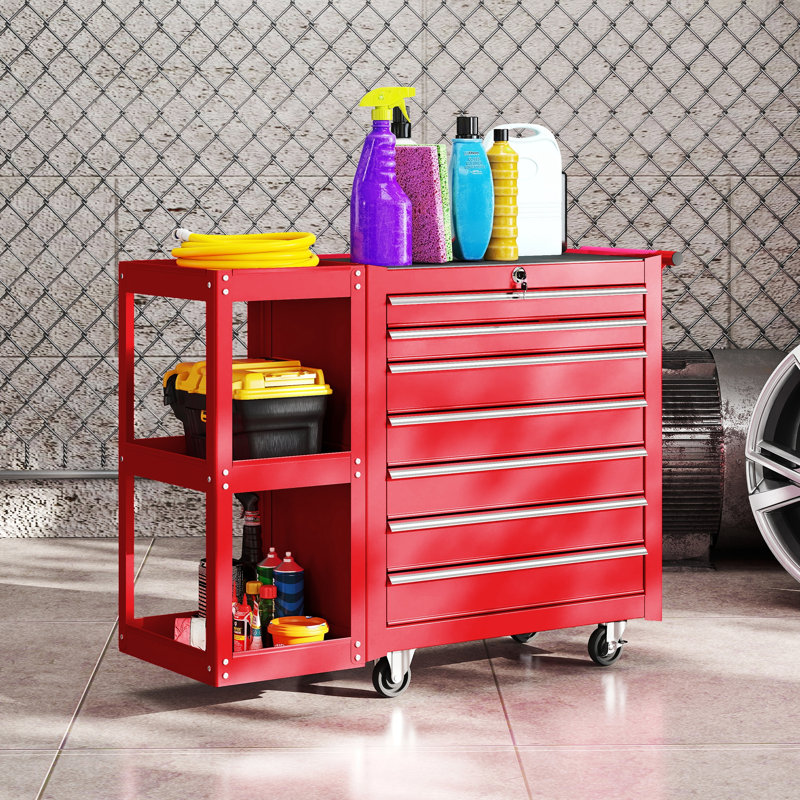 Coffre à outils à 7 tiroirs avec tablette latérale, boîte à outils verrouillable, rouge