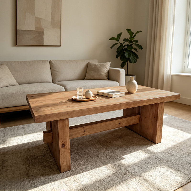Table basse rectangulaire de 47,24 po en bois massif, table basse Wabi-Sabi à finition bois naturel pour salon, appartement et espace Tatami