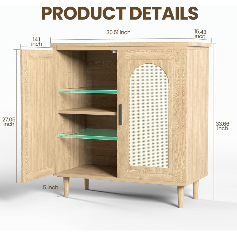 GarveeHome Sideboard Buffet Kitchen Storage Cabinet with Rattan, Solid Wood Feet for Living Room, Hallway, Entryway, Cabinet with Ample Storage Space,White,1PCS