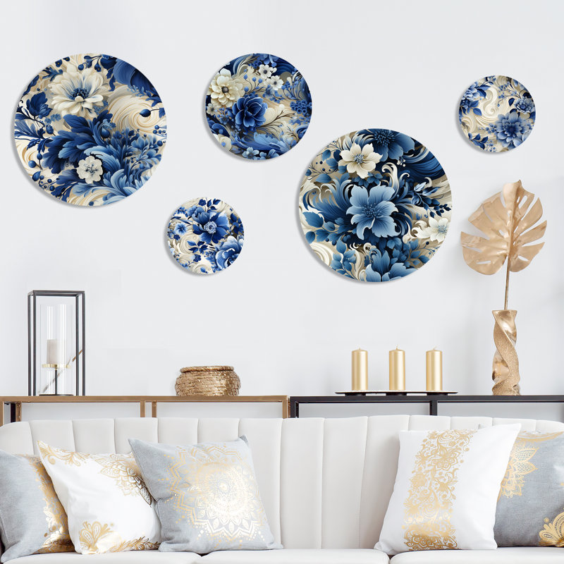 Romantic Cobalt Blue and Beige Floral Metal Wall Art Set