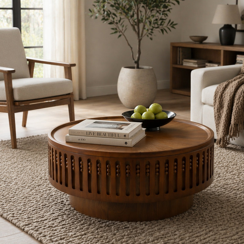 Table basse d'appoint en bois à motif treillis rond avec rangement Hiddern et grille effet bois massif pour espace de vie principal