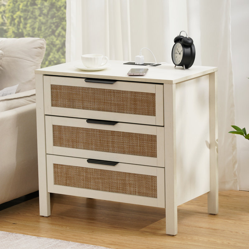 Table de chevet 3 tiroirs de style boho avec station de charge, Blanc