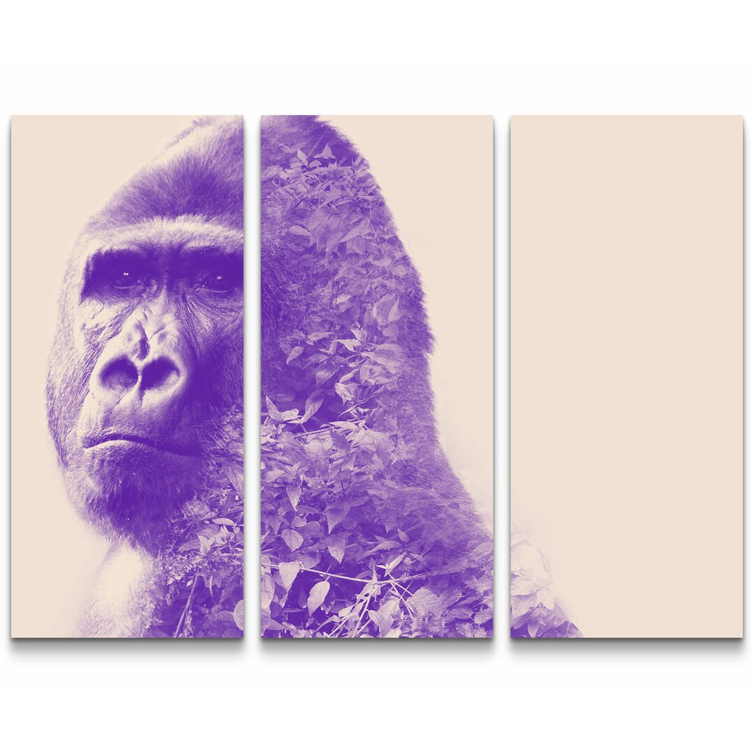 3-tlg. Leinwandbilder-Set Lila Gorilla Portrait mit Wald