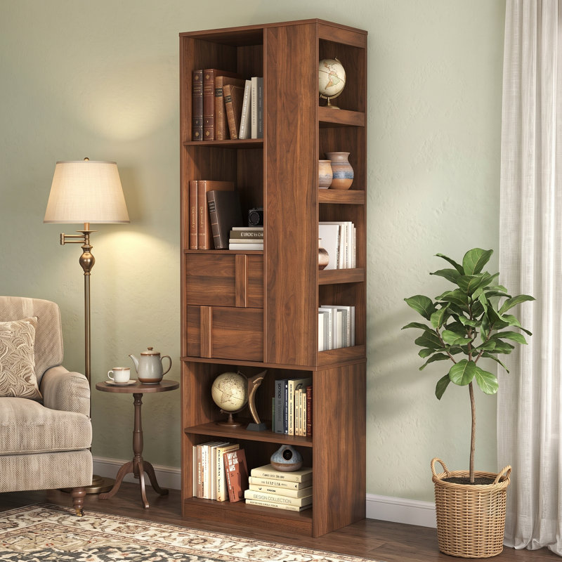 Grande armoire de rangement en noyer avec tablettes ouvertes et 2 tiroirs cannelés