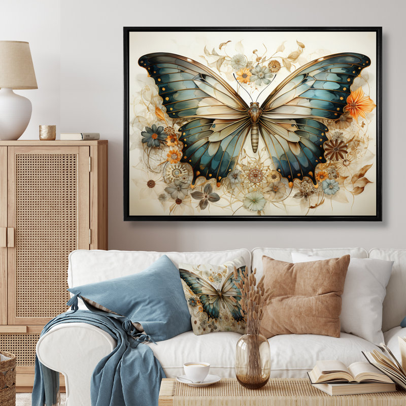 Papillon beige sarcelle, motifs complexes - art mural papillon, Cadre flottant noir, H 34 po x l 44 po x P 1,5 po
