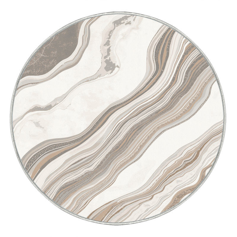 Tapis beige chic et luxueux lavable à la machine Pahola, Rond 7 pi