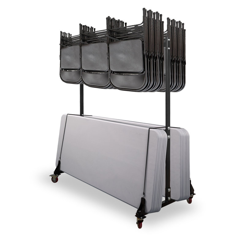 Black Steel Folding Chair and Table Storage Cart with Wheels