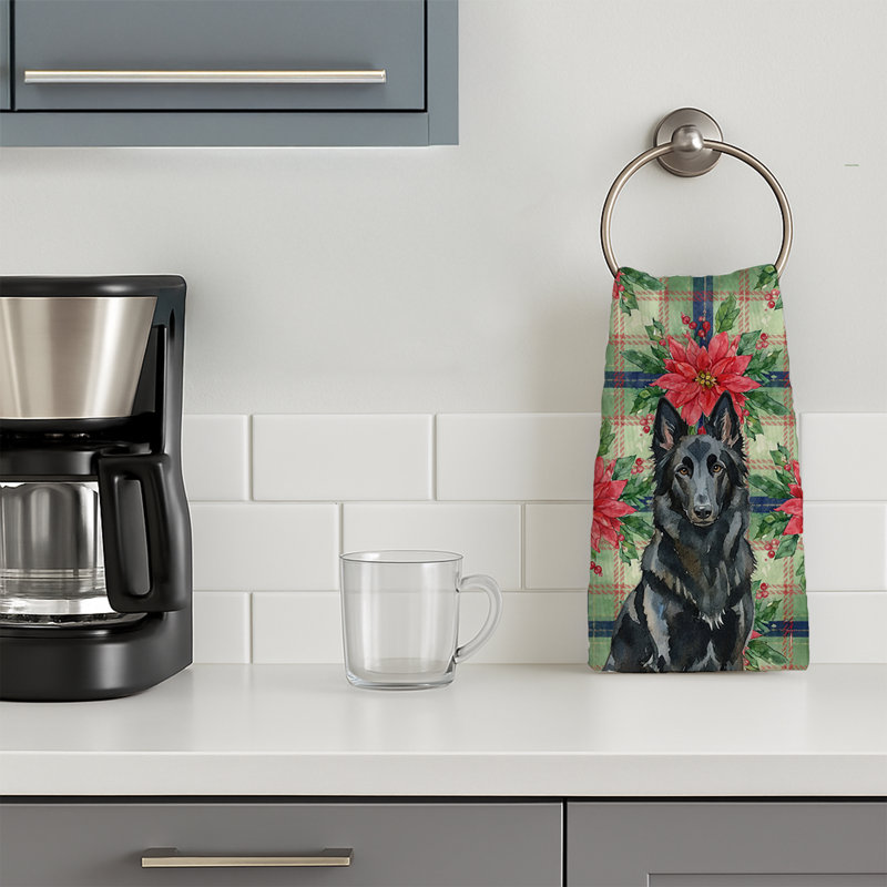 Belgian Sheepdog Groenendael Christmas PoinsettIas Kitchen Towel, Black Belgian Sheepdog Groenendael