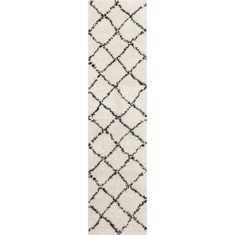 Tapis d'intérieur doux ivoire / noir à motif géométrique Lydon, Tapis de couloir 2 pi 8 po x 8 pi 2 po