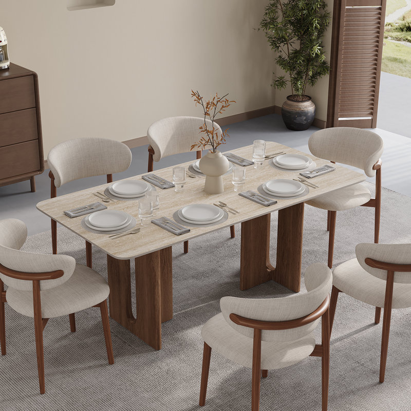 63'' Beige Sintered Stone Dining Table for 6, Rectangle Modern Dining Table with Double Brown Wood Legs, Mid Century Modern Kitchen Table