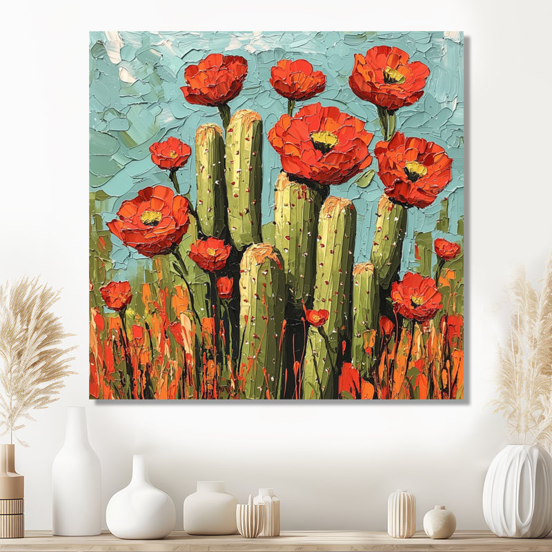 Cactus et les fleurs du désert II - art mural cactus, Toile tendue, Ne s’applique pas, H 16 po x l 16 po