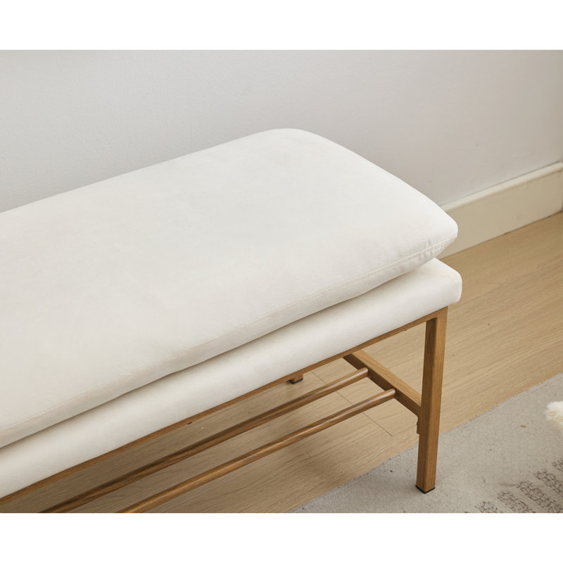 Upholstered Shoe Storage Bench With Cushioned Seat, End Of Bed Bench With Open Shelf And Metal Legs For Entryway, Beige