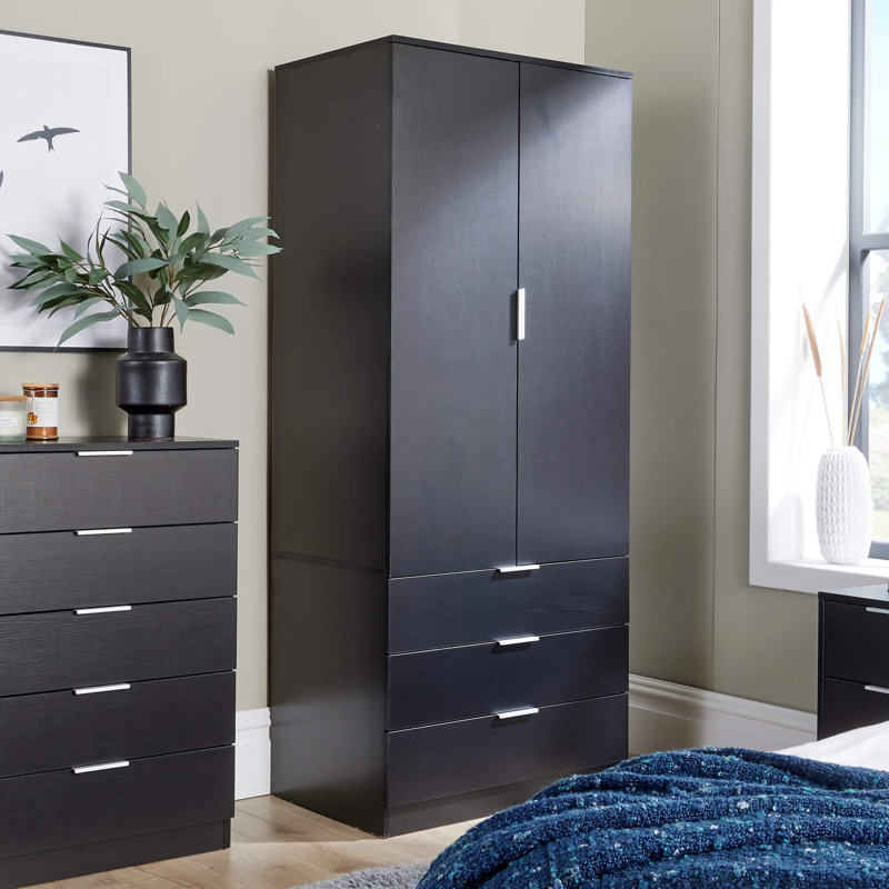 Phoenix 2 Door 3 Drawer Hanging Rail Bedroom Storage Wardrobe, Black