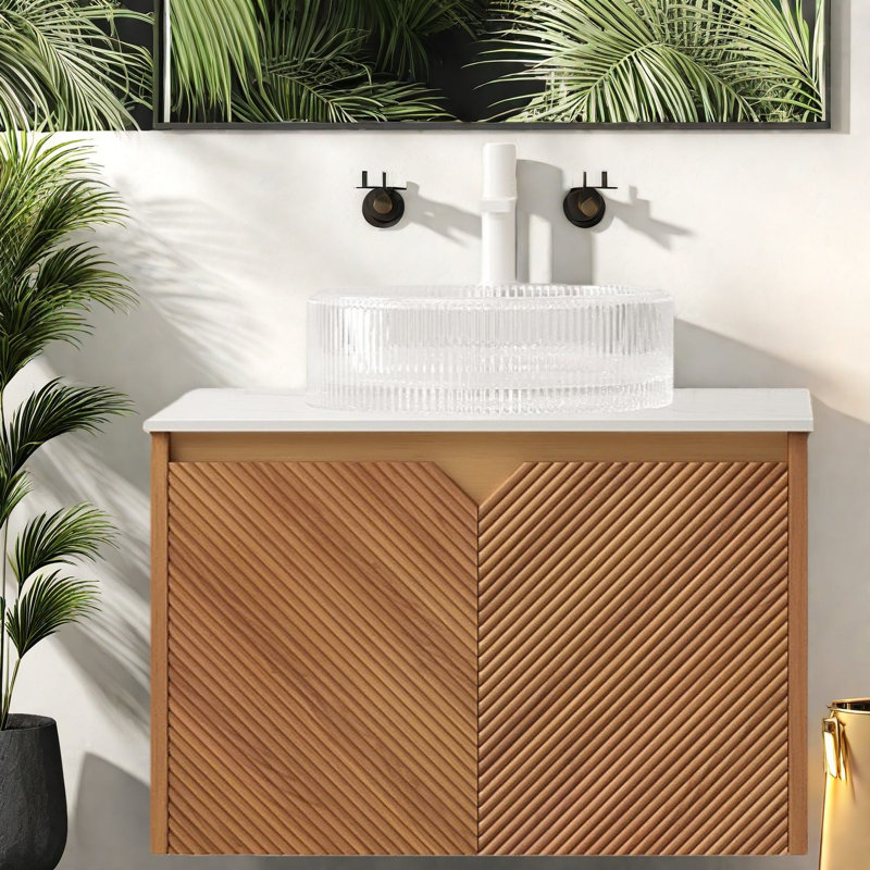 Meuble-lavabo moderne flottant avec lavabo en verre, style grain de bois chêne