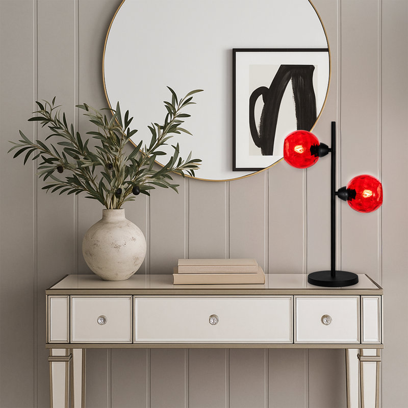 Lampe de table à culot en verre 2 lumières avec base en métal noir - Double lumière moderne, Rouge, Noir