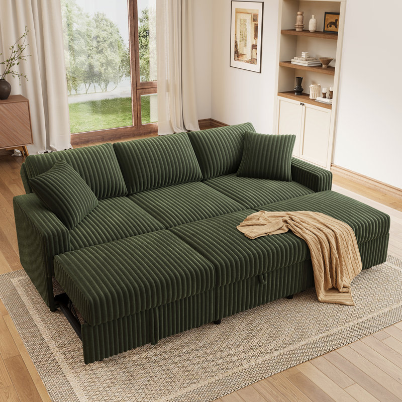 Brunella Corduroy Sectional Sleeper Modular Sofa Bed With Storage Space, Green Corduroy