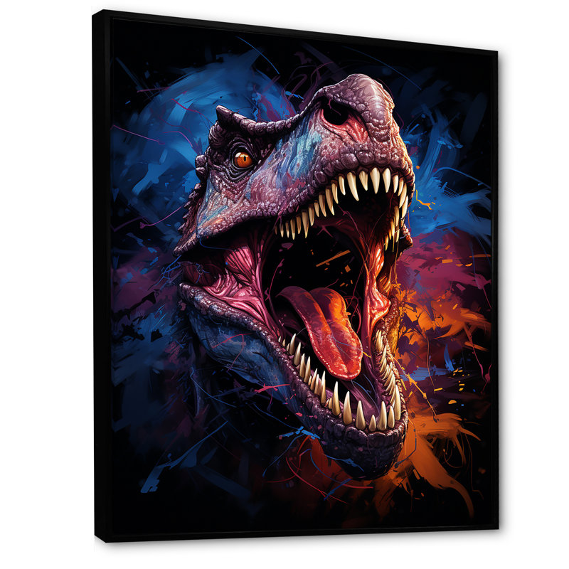 «Colorful Roaring Trex Dinosaur IV» - art mural dinosaure, H 40 po x l 30 po x P 1,5 po, Cadre flottant noir