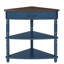 Petite table de coin triangulaire de 33,8 pouces, table de bout en bois pour petits espaces / salon, table de bout à 3 niveaux avec pieds en bois massif, bleu marine et plateau espresso