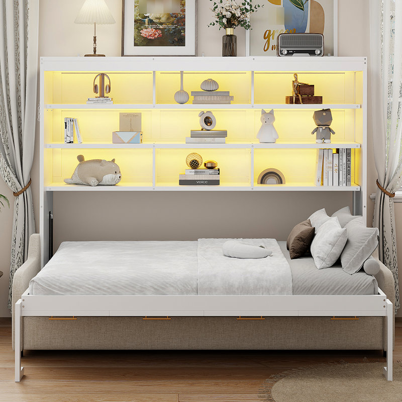 Grand lit-armoire beige avec tablettes intégrées, conduit pour une atmosphère douce et apaisante, tablettes de nuit, solution intelligente pour économiser de l'espace