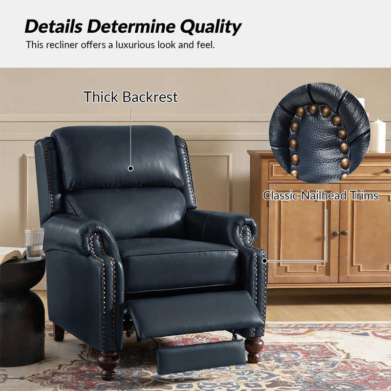Fauteuil inclinable manuel en cuir véritable Adeesa, Cuir véritable bleu marine