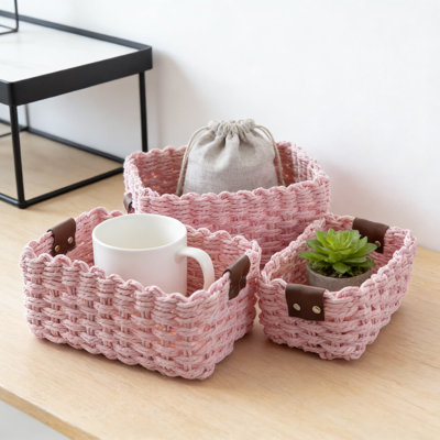 Handwoven Storage Baskets Set Of 3, Eco-Friendly Recycled Paper Rope Organizer Bins With Vegan Leather Trim For Shelves, Bathroom, Desk, And Home Decor