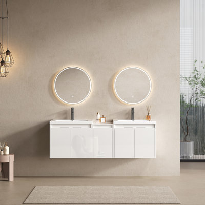 Meuble-lavabo de 60 po avec lavabo en résine, portes à fermeture douce, 1 armoire latérale, fixation flottante, contreplaqué blanc brillant. Moderne pour beaucoup d'espace avec charnières, blanc. Ergonomique et élégant