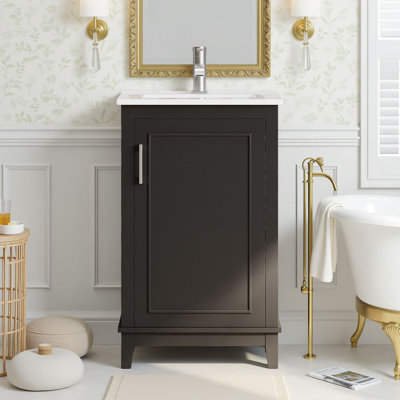20" Modern Narrow Bathroom Vanity With Ceramic Sink, Solid Wood Legs, And Soft-Close Door With Double Shelves, Green