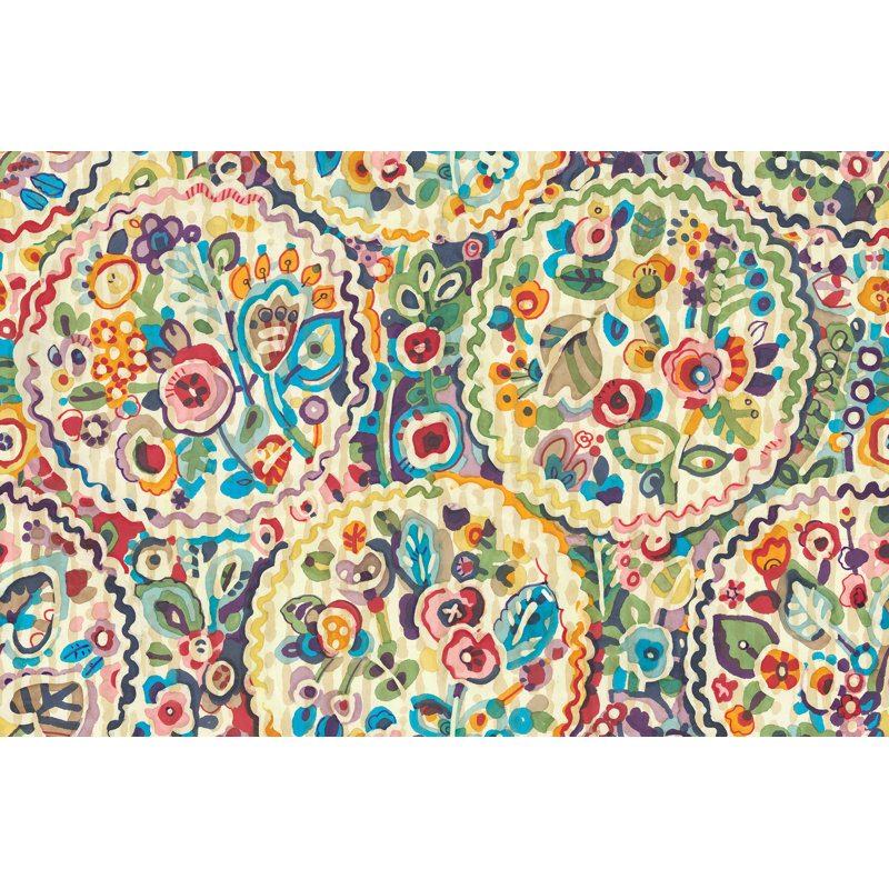 Papier peint adhésif bleu sarcelle Camille, Bleu / Jaune / Vert