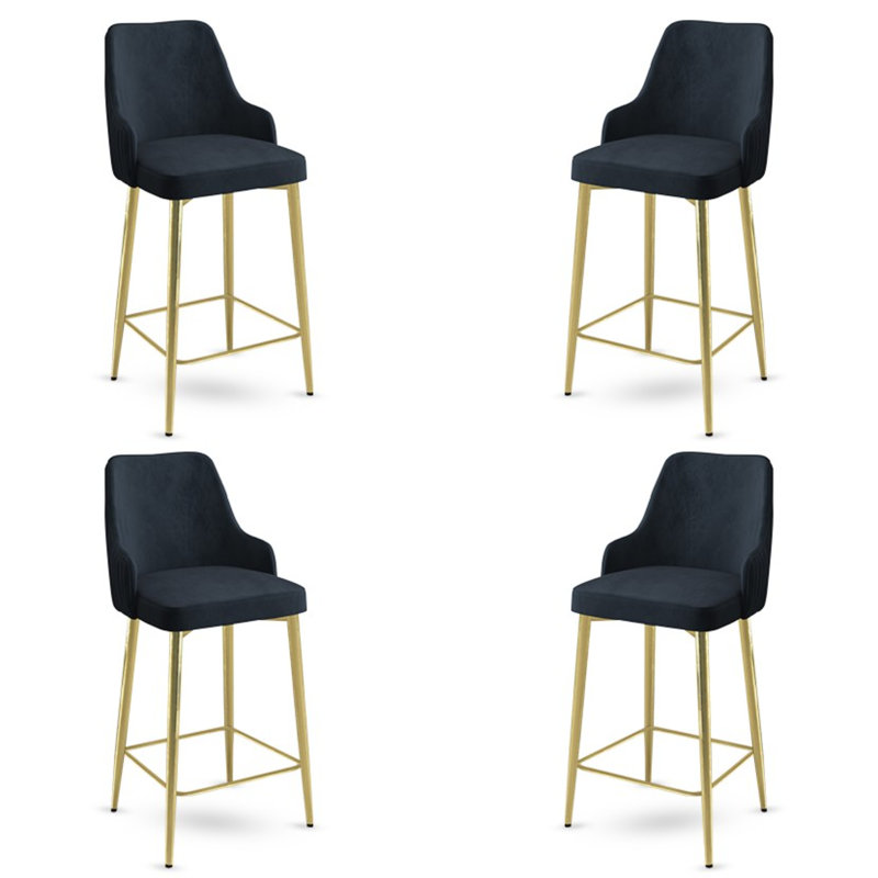Pearlene Upholstered Velvet Bar Stool, Navy, 4, Gold