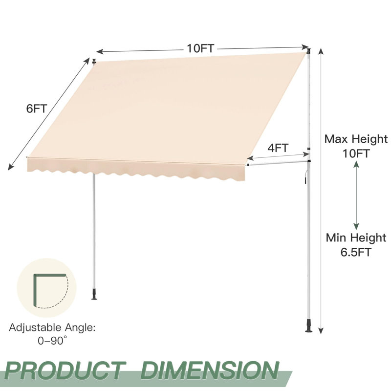 Auvent de terrasse manuel rétractable sans vis, Beige, H 120 po x l 120 po x P 48 po