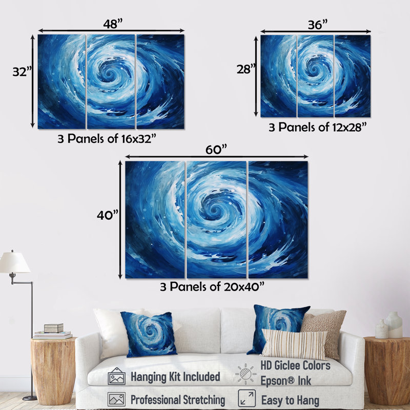 «Blue Swirl Wave Spiral VI», ensemble de reproductions d'art mural, Toile tendue, H 40 po x l 60 po x P 1 po