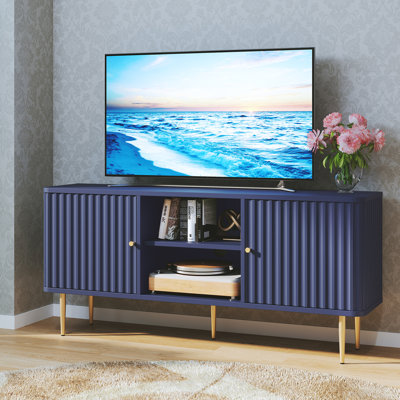 55" Modern Fluted TV Stand, Media Console with Gold Legs, Small Entertainment Center with Cable Management & Adjustable Shelves