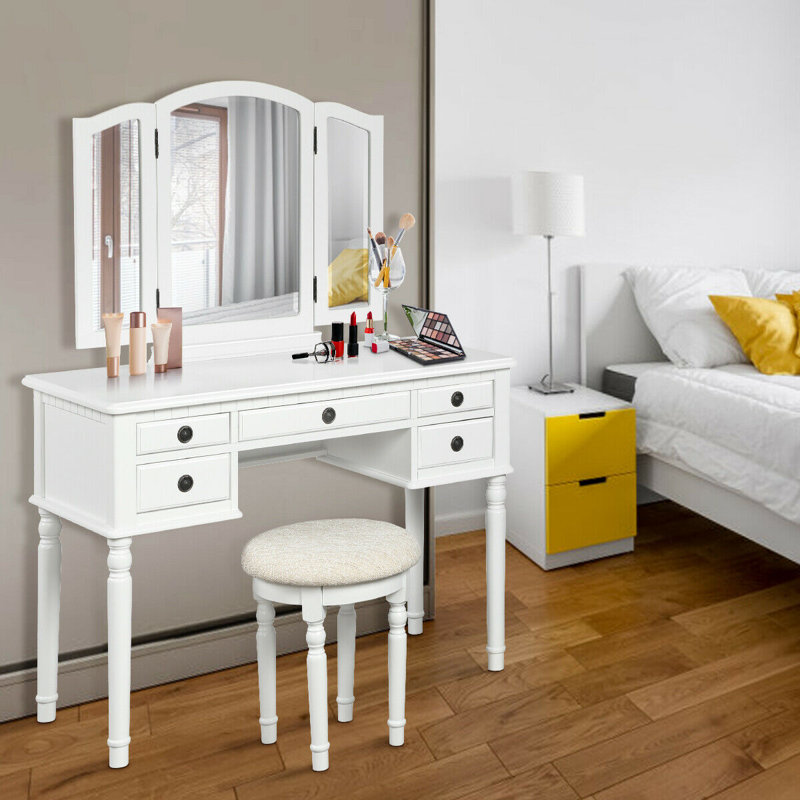 Ensemble de meuble-lavabo avec tabouret et miroir Mullenix, Blanc