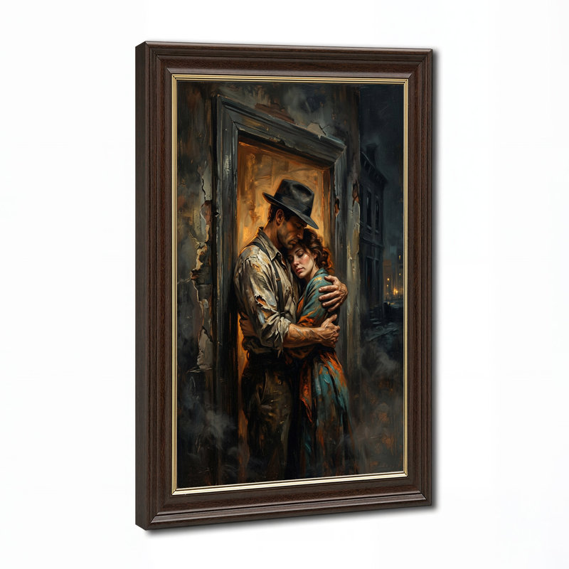 Homme en chapeau fedora enlaçant une femme en robe turquoise, tableau sur toile sombre, H 24 po x l 16 po