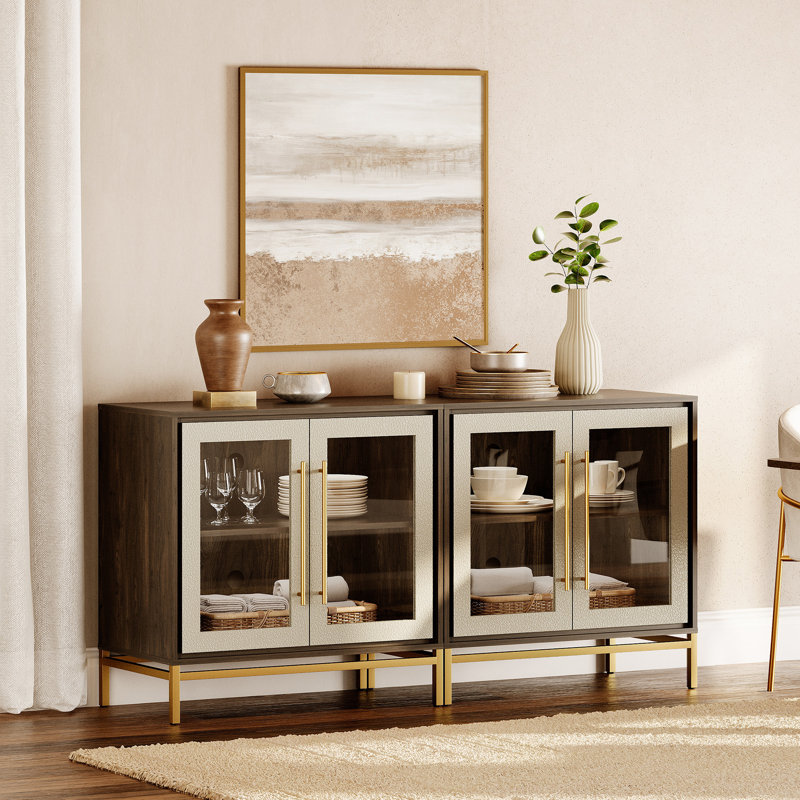 Modern Glass Sideboard Cabinet - Leather Texture, Metal Legs, Soft-Close Hinges, Extra Deep Storage For 16" Dinner Plates, Dining Room Buffet