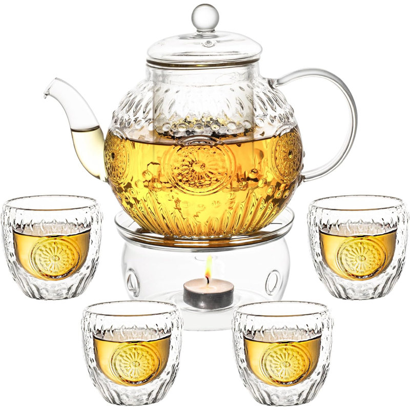 Ensemble de théière en verre rétro avec 4 tasses, théière en borosilicate 32 oz avec infuseurs amovibles
