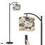 Lampe sur pied à arc avec abat-jour réglable pivoines blanches, feuillage bleu, gris, doré, lampe sur pied, 3 températures de couleur, intensité variable, grand mât avec interrupteur au pied pour la chambre à coucher