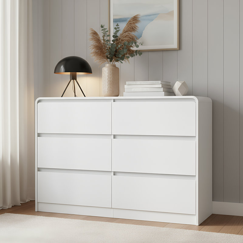 Wood Dresser For Bedroom, 47" Wide Modern 6-Drawer Chest With Curved Front, Tall Storage Bureau For Closet/Hallway, White