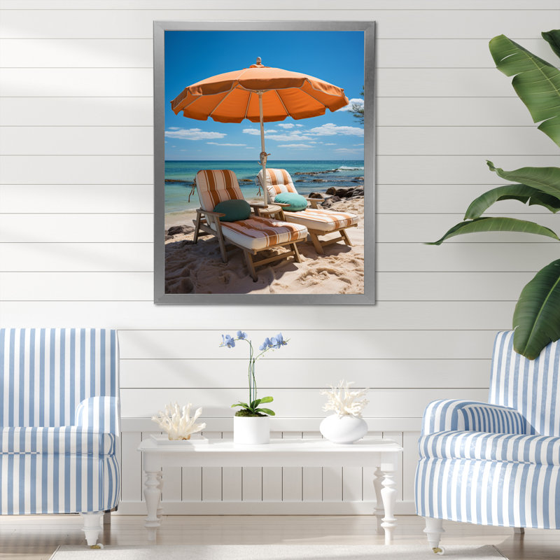 Orange Beach Chairs I - Nautique et plage, reproduction sur toile, H 44 po x l 34 po x P 1,5 po, Cadre photo argenté