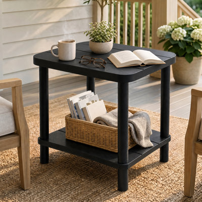 Table d'appoint ovale à 2 niveaux pour l'extérieur, table de bout de patio en bambou au design résistant aux intempéries
