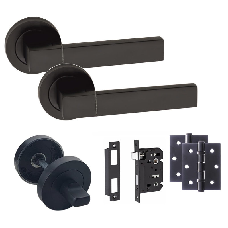  Capri Design Bathroom WC Toilet Door Handles Set on Round Rose in Matt Black Finish with 64mm Bathroom Mortise Lock, 3" Ball Bearing Hinges and Thumbturn